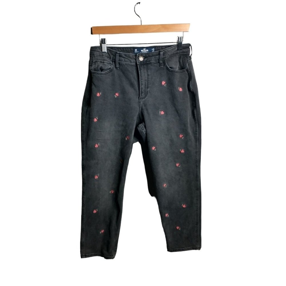 Women's Black Jeans with Pink Embroidered Roses